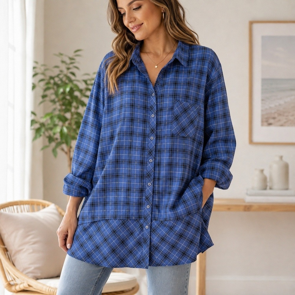 J. Jill Plaid Cotton Tunic Shirt Blue Button Down Long Sleeve Womens M Tall